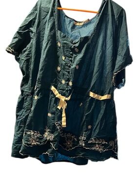 Embroidered blue Peasant Blouse with cream Trim